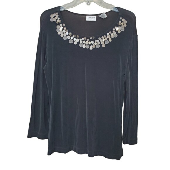 Chico's Travelers Black Slinky Liquid Knit Blouse w/Stamped Metal Size 1 Medium - Picture 1 of 6